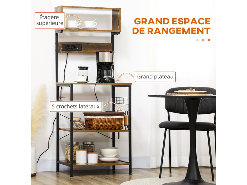  Étagère de cuisine support pour micro-ondes avec 2 prise de courant et 2 chargeurs usb, 5 crochets et étagère réglable  - Conforama R