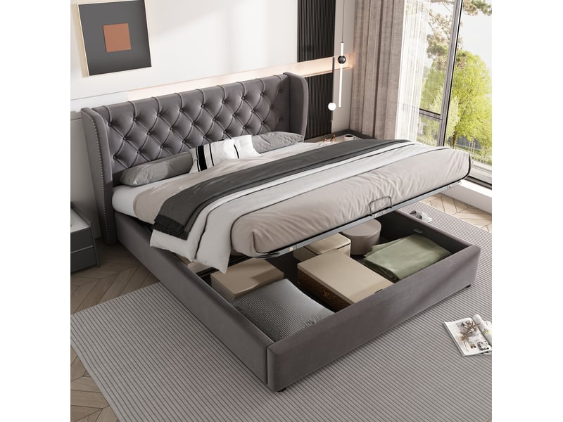  Lit double 140 x 190 cm à rangement hydraulique avec sommier à lattes en velours gris  - Conforama D