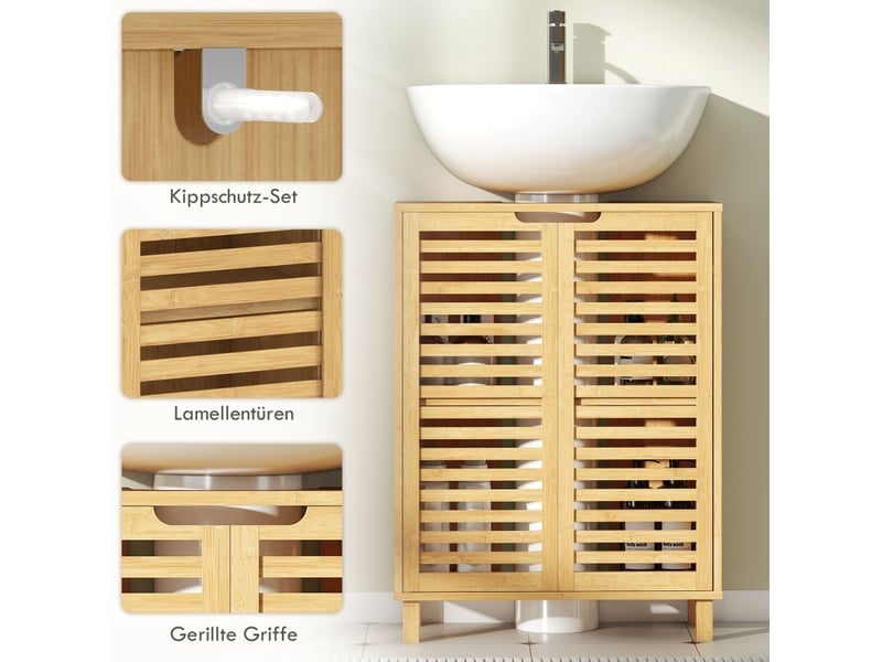  Meuble sous lavabo 60x30x80 cm portes persiennes bambou naturel  - Conforama D