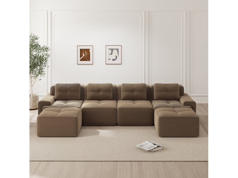 Canapé modulaire u 4 places en velours côtelé marron, assise profonde et base antidérapante pour salon - Conforama E