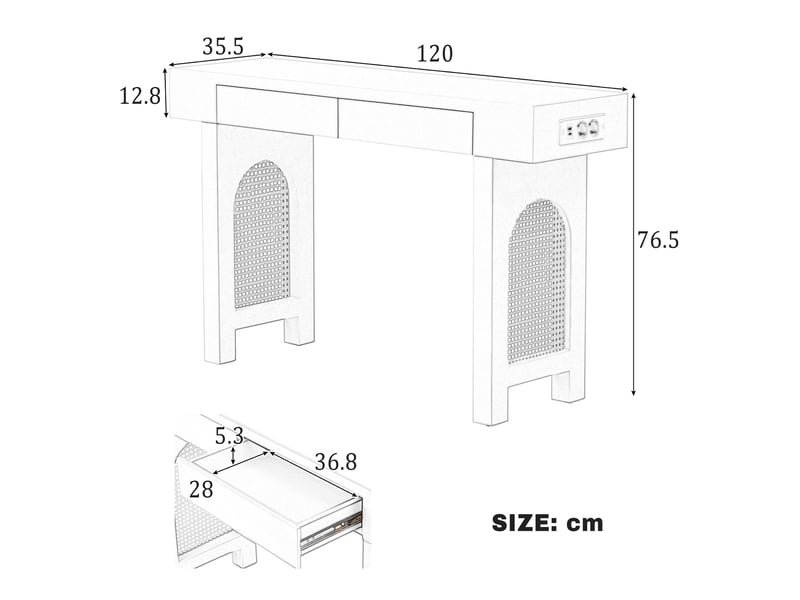  Table console avec tiroirs - noir - multiprise intégrée - tiroirs indépendants - pieds réglables 120x35.5x76.5cm - Conforama D
