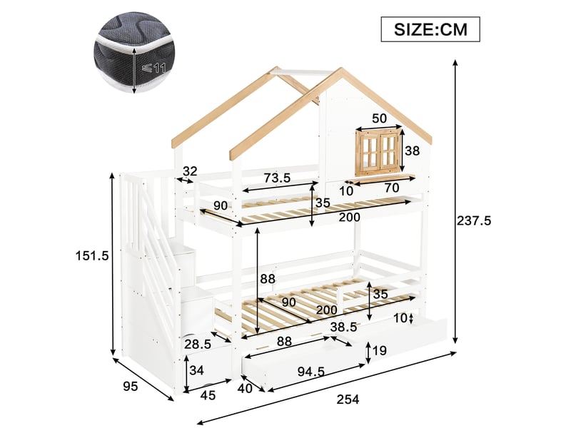Lit superposé enfant 90 x 200 cm avec escalier de rangement blanc et naturel - Conforama E