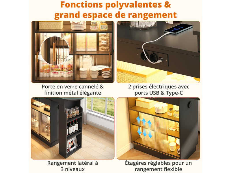 Bar extensible avec rangement 131–170 cm, meuble bar avec portes vitrées, led connectée, prises usb & type-c - noir - Conforama E