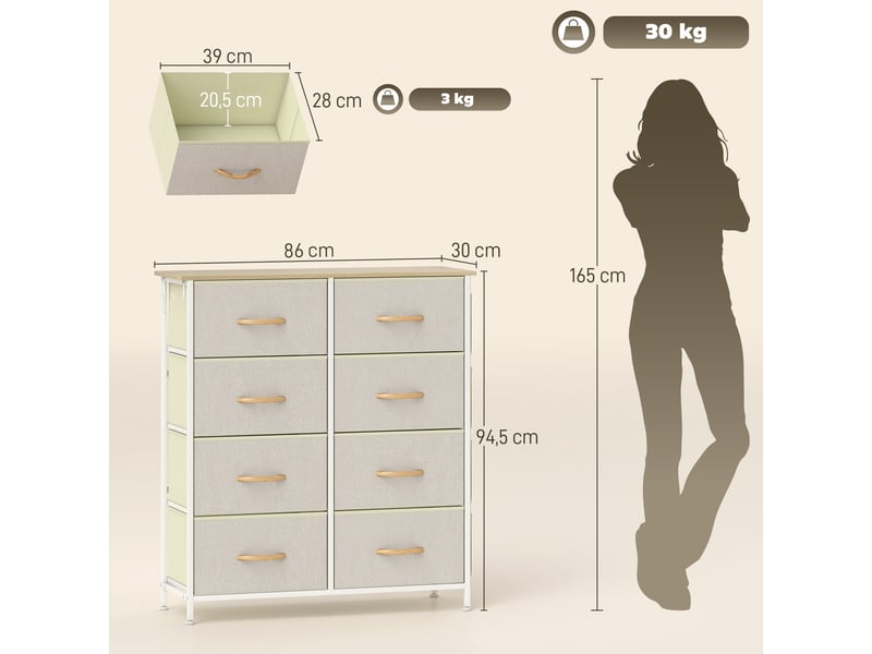  Commode 8 tiroirs en tissu et acier 4 poches 2 crochets beige 86 x 30 x 94,5 cm  - Conforama C