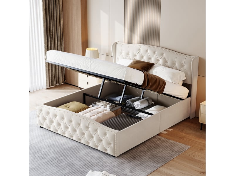  Lit 140x190cm - lit coffre 140x190cm - lit rembourré avec tête de lit à motifs vagues et rivets et sommier relevable - blanc  - Conforama C