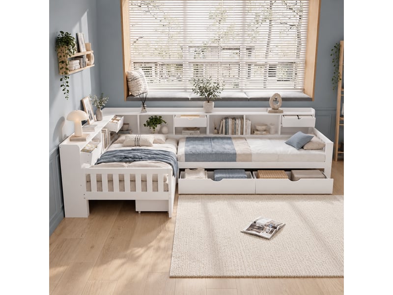  Lit enfant en l 90 x 200 cm avec 2 couchages, étagères, tiroirs et rangements intégrés, bois massif et mdf - blanc OMNIGLINT TRADING LTD - Conforama C