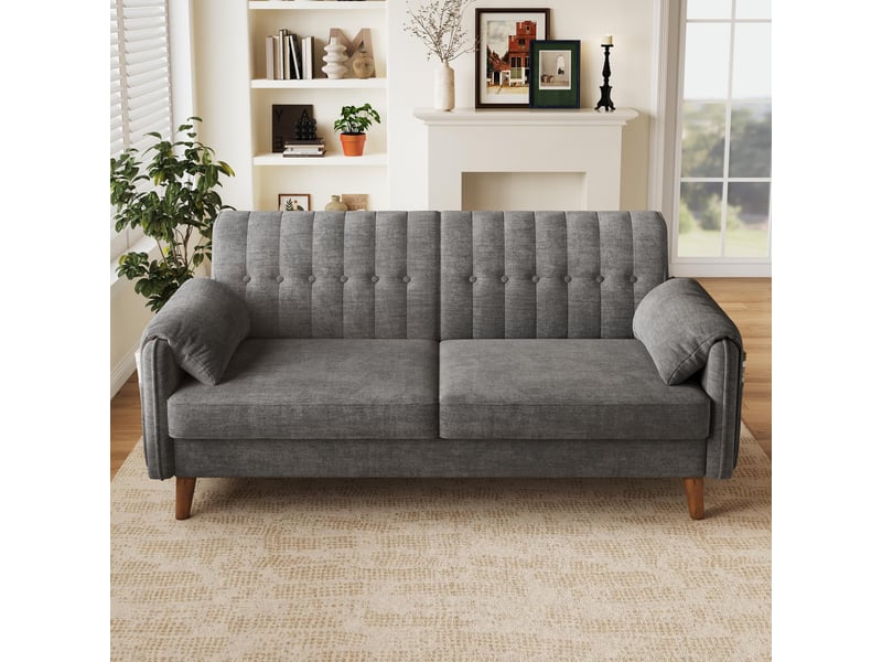  Canapé 2 places - 161.5x79x83.5cm - canapé droit en chenille avec poches latérales et pieds en bois massif 18cm - gris clair  - Conforama C
