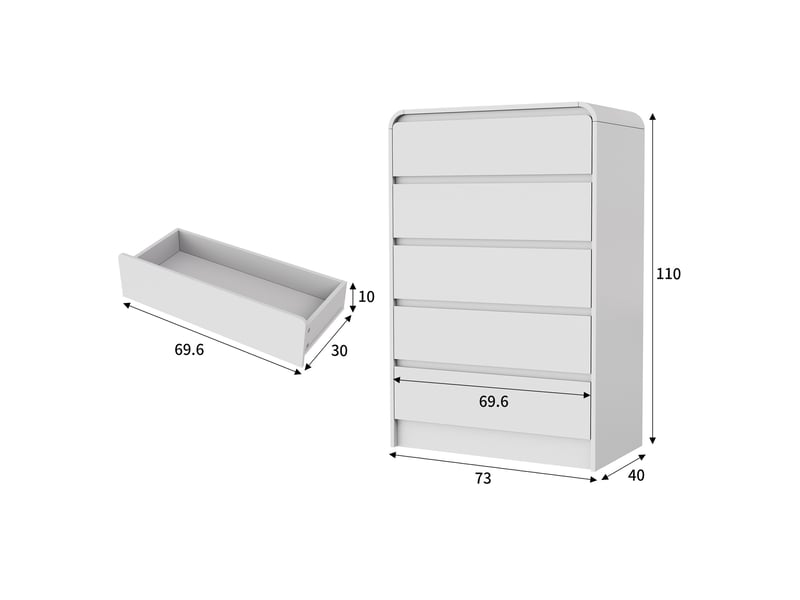 Commode de chambre, 73x40x110cm, avec 5 tiroirs et éclairage led, en bois, style moderne, blanc - Conforama E