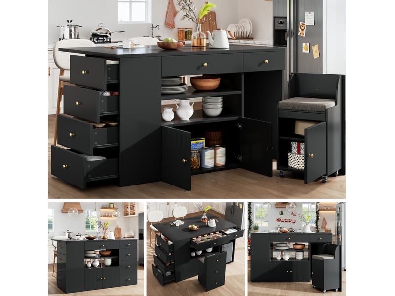  Desserte de cuisine 140x40-70x90,5 cm, avec 6 tiroirs et tabouret de rangement, structure mdf et métal, couleur noir  - Conforama D