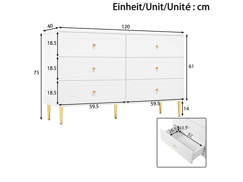  Buffet bas blanc 6 tiroirs avec pieds et poignées en métal, 120 x 40 x 75 cm  - Conforama E