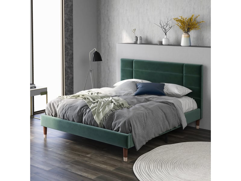  Lit adulte 140x200 cm, tête de lit, structure en bois, sommier, style moderne, lin vert, sans matelas  - Conforama W
