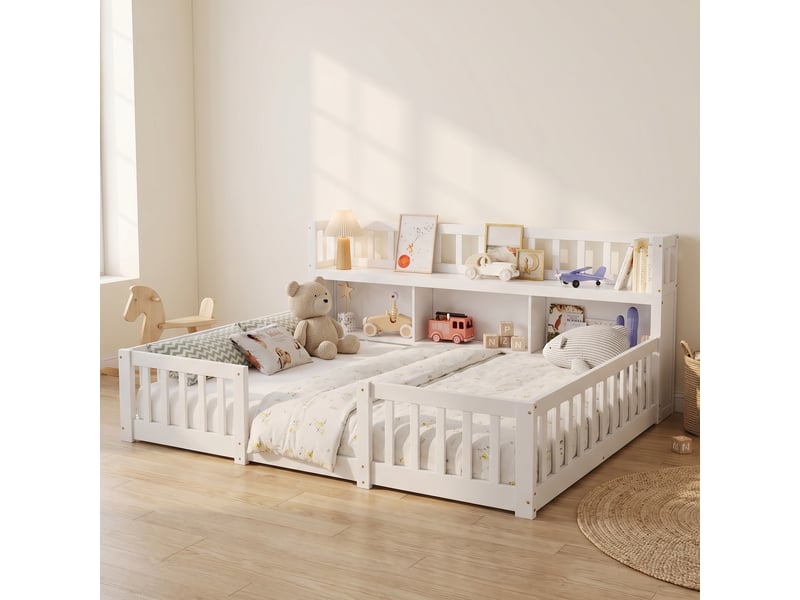  Lit enfant au sol 140x200 cm, lit montessori avec bibliothèque et barrière, lit double, bois, style scandinave moderne, blanc  - Conforama B
