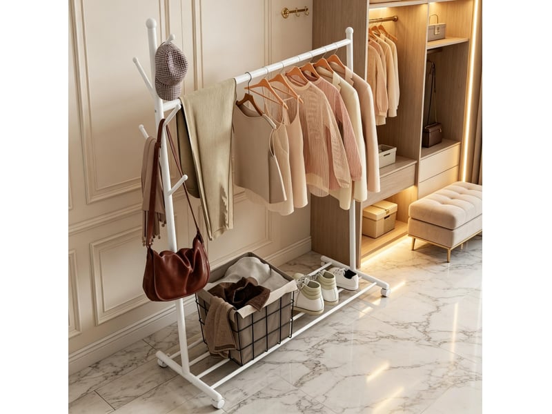  Portant à vêtements sur roulettes avec étagère à chaussures et 5 crochets, métal blanc  - Conforama D