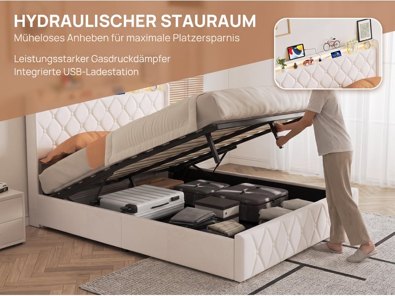  Lit double 140×200 cm  –  lit coffre – rangement hydraulique xxl – éclairage led rgb – port usbtype‑c  –  velours beige  - Conforama D