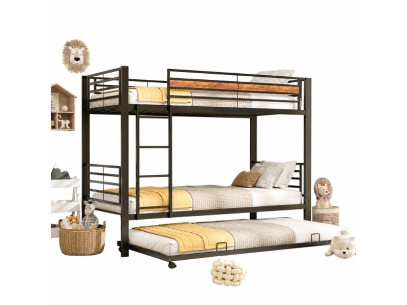 Lit superposé enfant 90x200 cm avec lit gigogne 90x190 cm - 3 couchages - pour chambre d’enfant - métal - noir - Conforama A