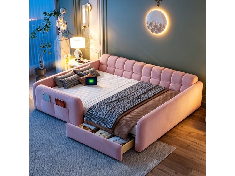  Lit enfant rembourré 140x200 cm avec tiroir de rangement, veilleuse, usb et usb-c, garde-corps, tête de lit canapé, sommier à lattes, velours rose  - Conforama B