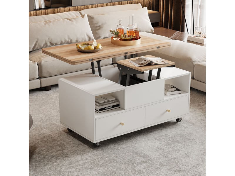  Table basse relevable et pliante avec 4 tiroirs 100 x 50 x 47,5 cm bois naturel et blanc  - Conforama C