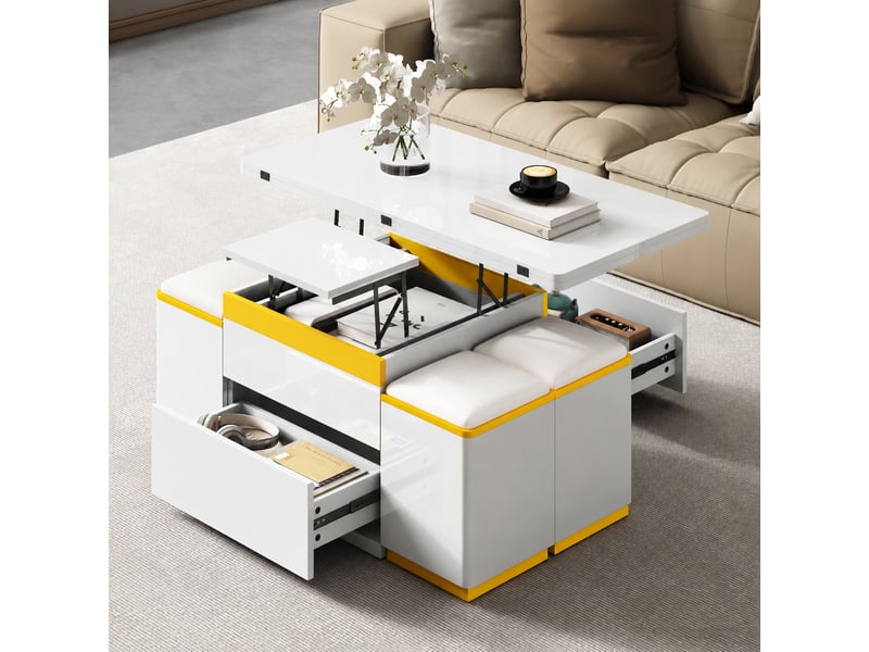 Table basse relevable avec 4 tabourets de rangement, blanche et jaune, 100 x 50 x 43 cm  - Conforama B