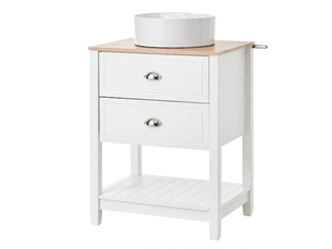 Meuble sous vasque sur pied 60 cm blanc et bois avec vasque ronde en céramique