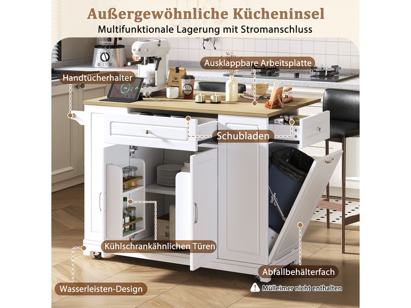  Îlot de cuisine mobile - blanc+naturel - mdf - 131.8x40-70x93.3 cm - plateau extensible 120x40-70 cm 131.8x40x93.3cm - Conforama E