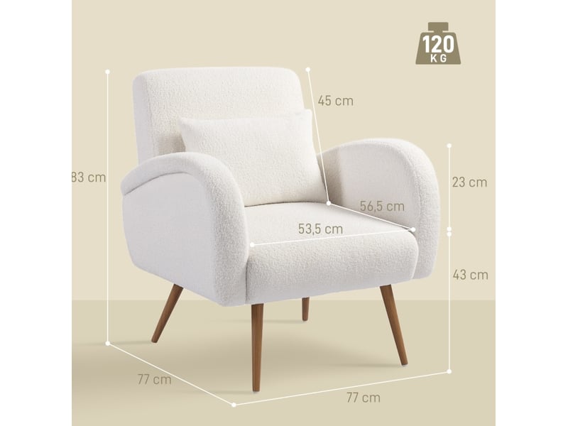 Fauteuil de lecture moderne en tissu crème avec coussin lombaire et pieds métal effet bois, pour votre salon - Conforama C
