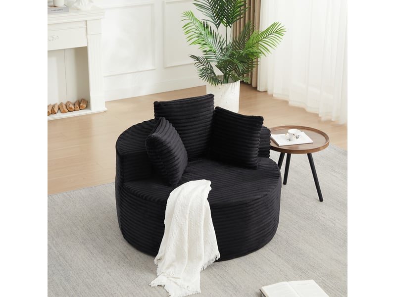  Fauteuil rond 110x110x82 cm avec trois coussins décoratifs, en velours côtelé, noir  - Conforama E