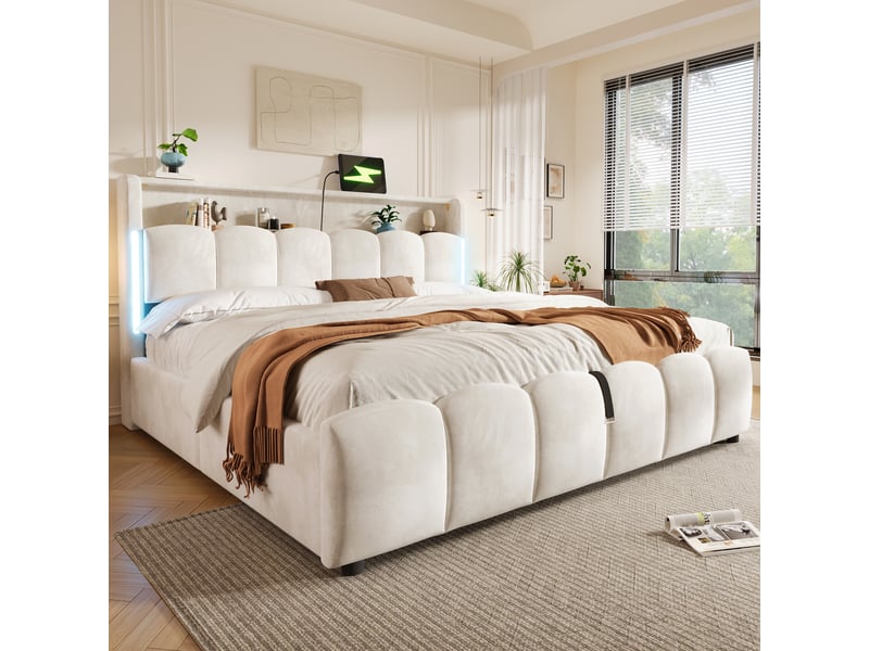  Lit coffre 180x200 cm - avec éclairage led - avec rangement - en mdf,velvet - beige CARDUME ESTIVAL - Conforama E