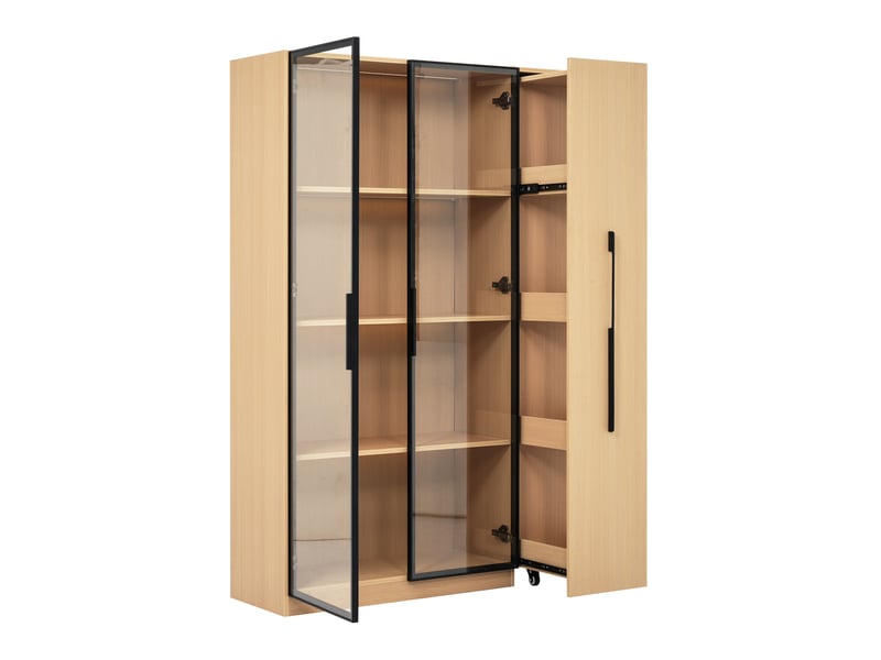  Vitrine led verre 110x35x160cm meuble de rangement bibliothèque avec 2 portes vitrée tiroir latéral coulissant - chêne  - Conforama W