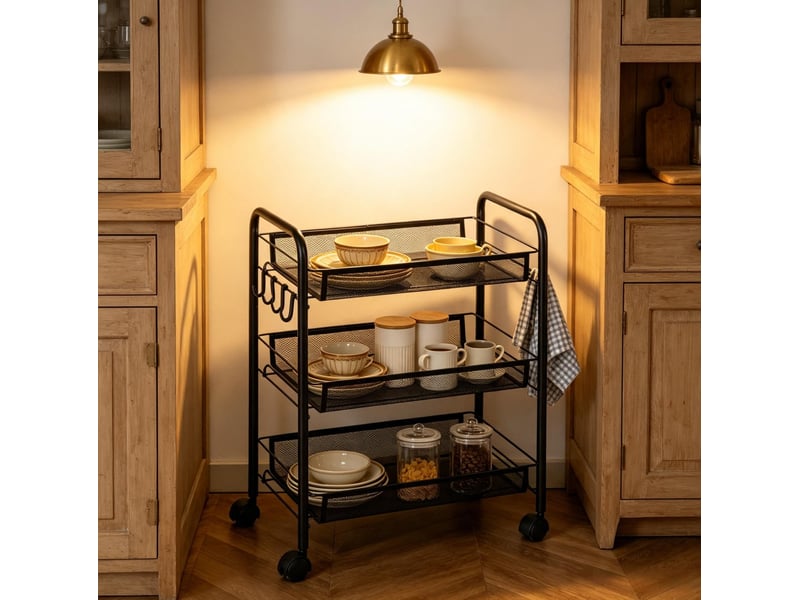  Desserte de rangement 45 x 26,5 x 63 cm noire en acier, 3 paniers à roulettes avec crochets latéraux  - Conforama D