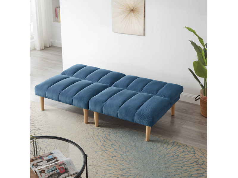  Canapé-lit 2 places 167x82x72 cm avec 8 pieds en bois robustes, dossier 3 positions réglables, velours côtelé bleu  - Conforama D