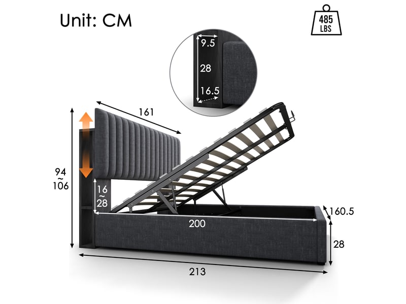  Lit coffre 160x200 cm 2 places avec tête de lit, rangement, led, prises usb et type-c, cadre métallique et revêtement lin gris, sans matelas  - Conforama C