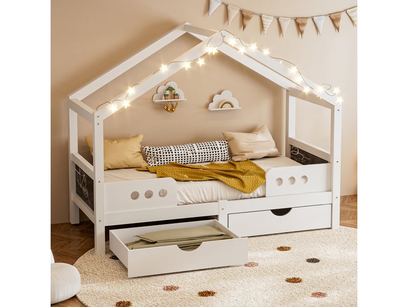  Elvmi lit cabane enfant avec toit, 2 grands tiroirs, structure bois et mdf, finition vernis uv quasi inodore, tableau intégré, charge maximale 120 kg, pour matelas 90x200 cm  - Conforama D