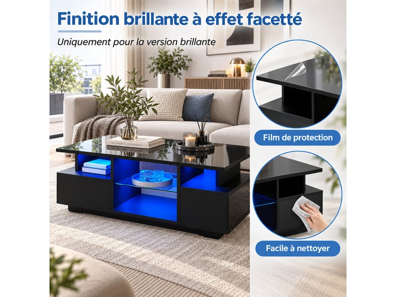  Table basse led noire brillante avec 2 tiroirs, niches ouvertes et étagères en verre, 100x50x36 cm  - Conforama B