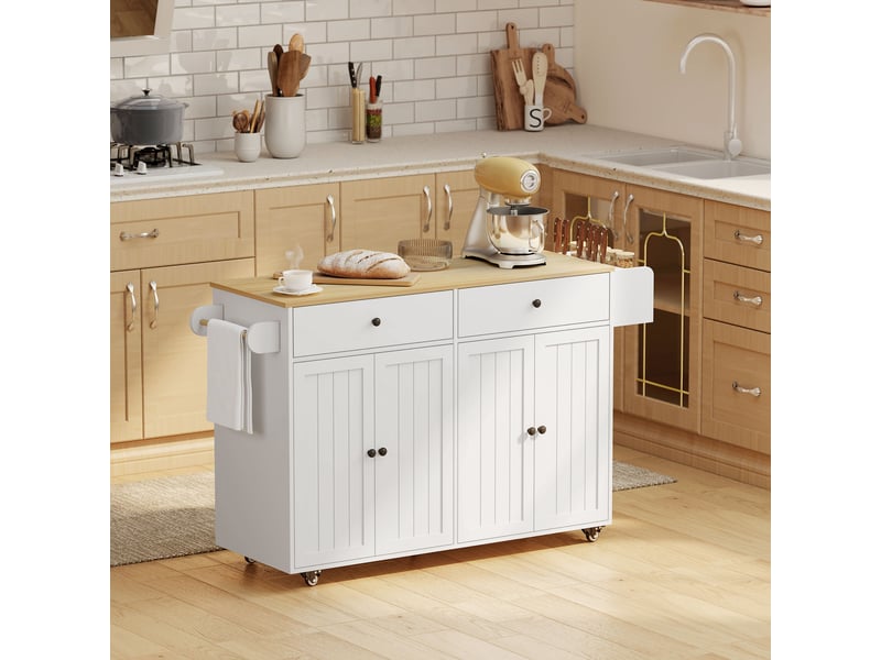 Îlot de cuisine mobile, 2 tiroirs, 2 placards, étagère à épices, porte-serviettes, porte-couteaux, mdf, blanc  - Conforama C