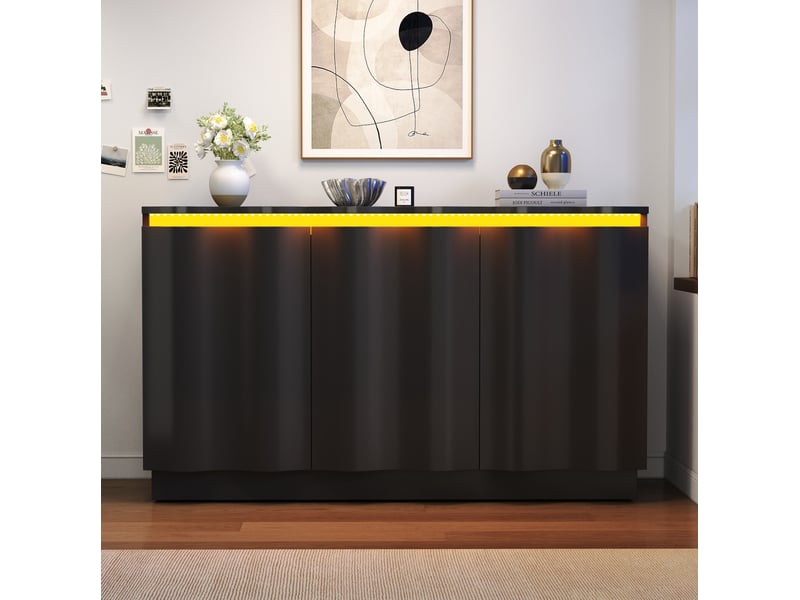  Buffet 120x39.5x69.5 cm à 3 portes avec led bluetooth, noir mat  - Conforama C