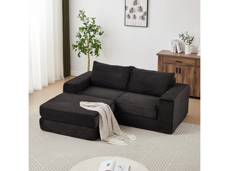 Canapé convertible modulaire avec pouf amovible - accoudoirs carrés, velours côtelé noir - Conforama B