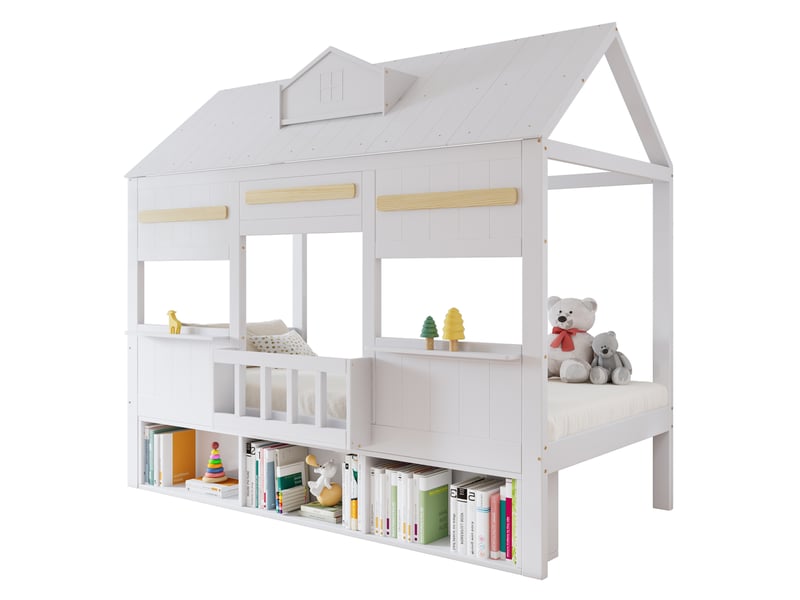  Lit mezzanine enfant blanc avec étagère à livres, 90 x 200 cm  - Conforama A