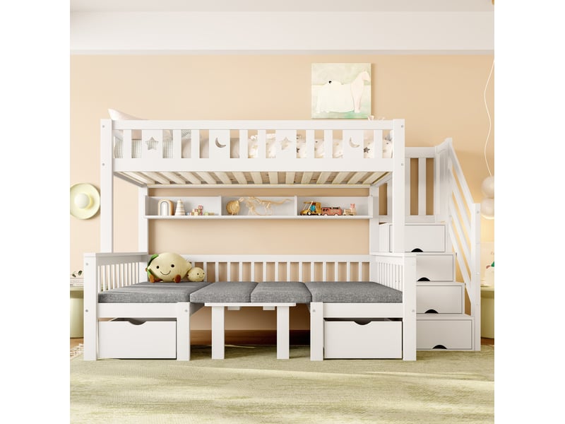  Lit mezzanine enfant multifonctionnel 90 x 200 cm blanc avec bureau pliant et escalier de rangement  - Conforama C