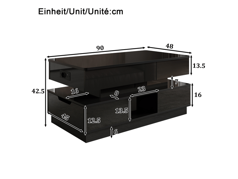  Table basse relevable 90x48x42,5 cm avec led, prise, plateau extensible, tiroirs, meuble salon, pour salon, mdf, noir  - Conforama C