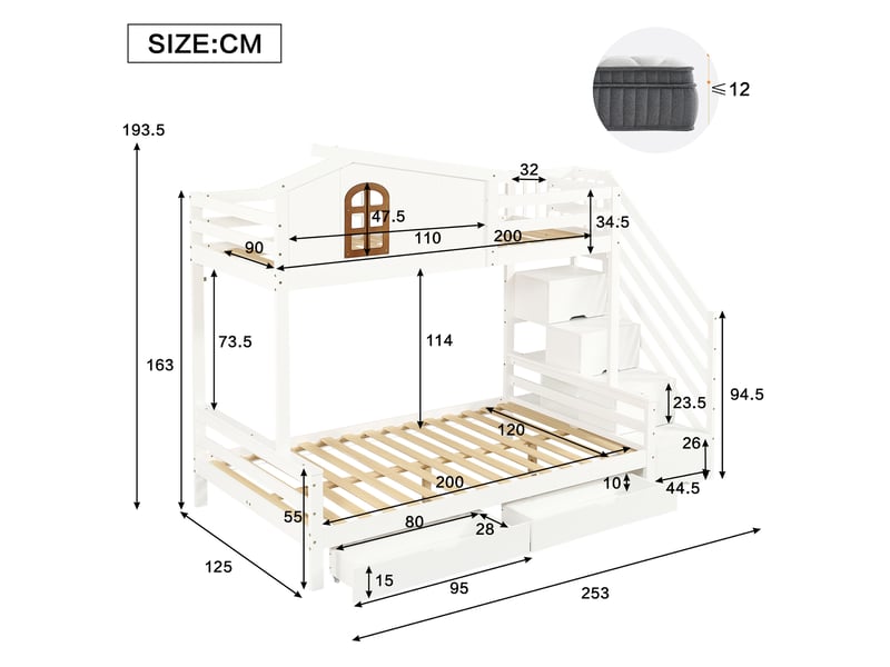  Lit superposé enfant 90 x 200 + 120 x 200 cm avec 2 tiroirs sur roulettes, escalier d’angle avec rangements, fenêtres, pinmdf, blanc et naturel  - Conforama E
