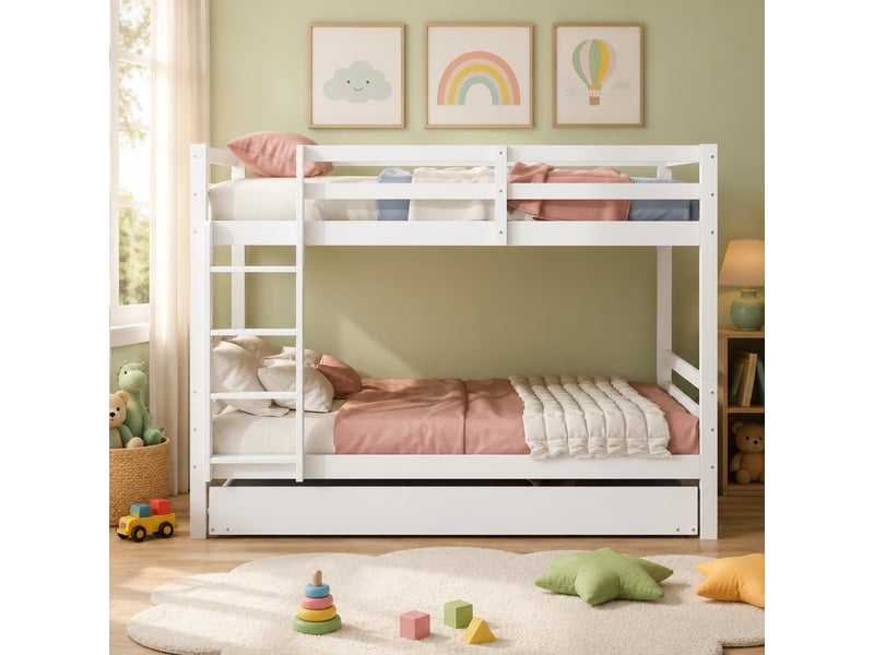  Lit superposé enfant 3 places 140×200 cm, lit gigogne, escalier et barrières  - sans matelas, pin blanc  - Conforama C