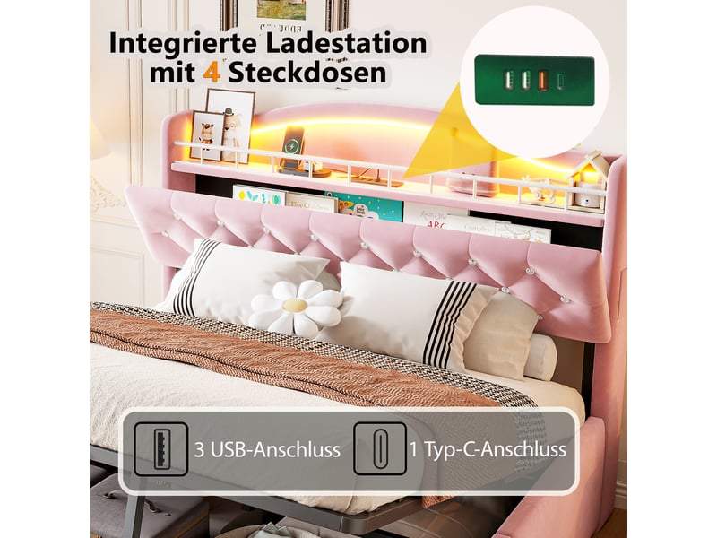  Lit coffre 140x200 cm, lit double, rangement hydraulique, led, velours rose, usb et usb-c  - Conforama W