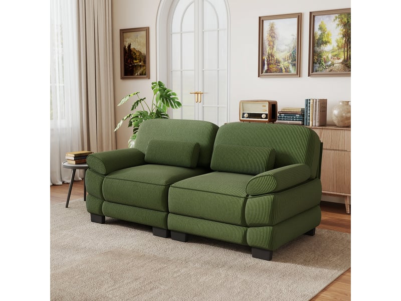  Canapé 2 places moderne à cadre modulable, coussin lombaire confortable, assise profonde, revêtement cord doux, vert, salon appartement  - Conforama B
