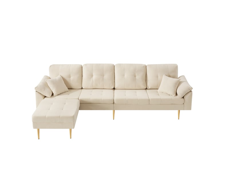  Canapé d'angle en l ,4 places, en velours côtelé avec pouf modulable,250 x 70 x 80cm,beige  - Conforama A