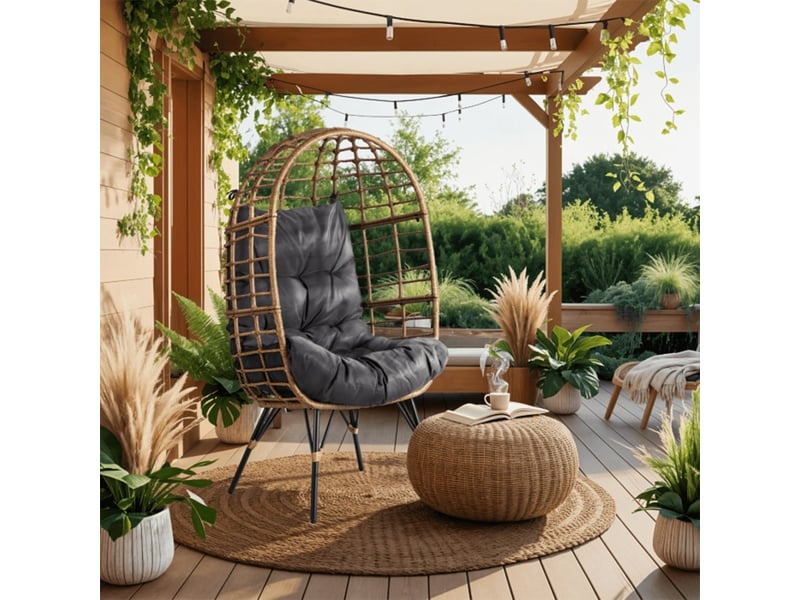  Fauteuil de jardin couleur bois et gris foncé pieds en métal noir  - Conforama B