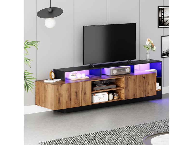 Meuble tv 190 cm pour écran jusqu'à 70 pouces, bois et noir, avec led app - Conforama E
