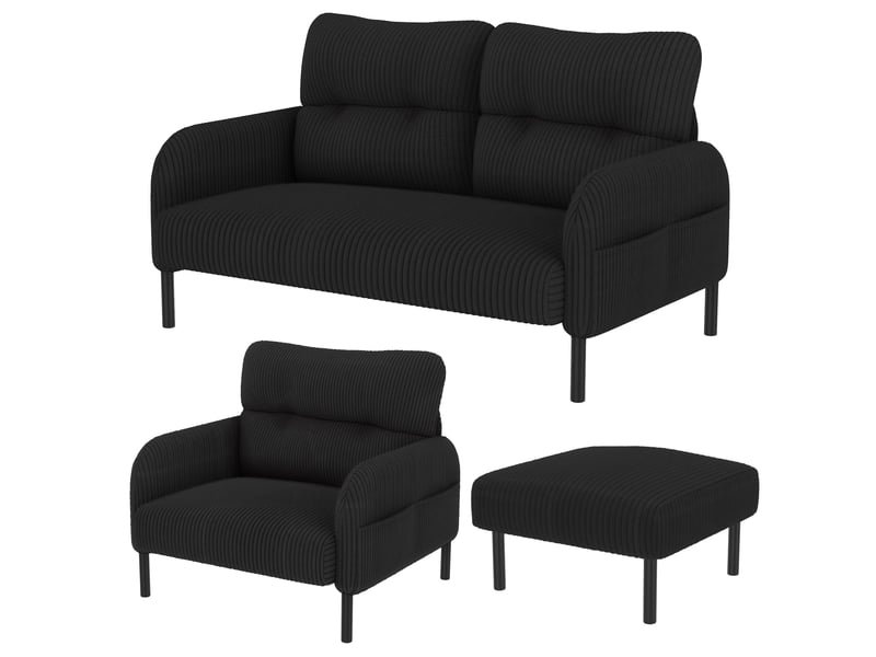  Ensemble canapé 2 places fauteuil et pouf modenvie en velours côtelé noir  - Conforama A