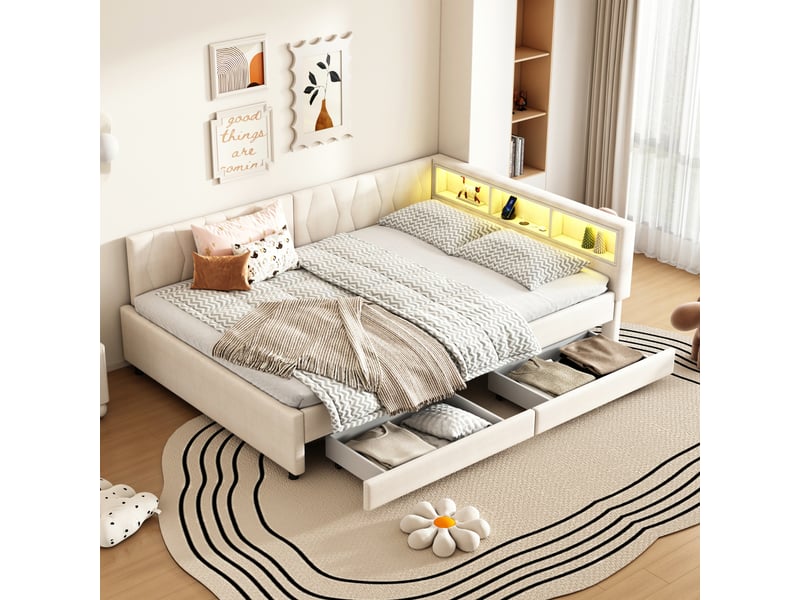  Lit de jour, 140 x 200 cm, canapé-lit, compartiment de rangement près du lit, ports usb et type c, bande lumineuse led, lit avec deux tiroirs, sommier à lattes (sans matelas), lin, beige  - Conforama B
