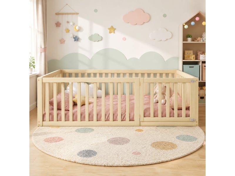Lit 2 places au sol 140x200 cm coloris bois naturel avec barrière et porte - Conforama B