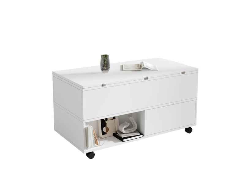  Table basse coloris blanc 100 × 50 × 52 cm, en panneaux de particules, avec plateau relevable et rangement ouvert  - Conforama A
